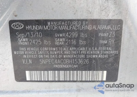 2011 Hyundai Sonata Se/Limited z USA, uszkodzony, nr VIN 5NPEC4AC0BH153626